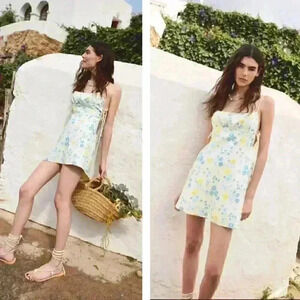NWT Zara Linen Blend Floral Mini Dress Spaghetti Strap Beach Summer Pool Party
